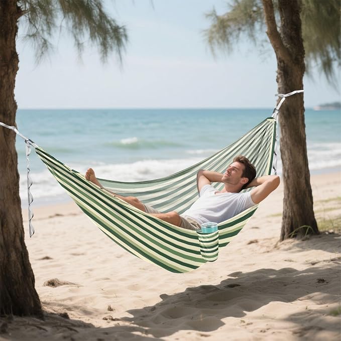 Camping Hammock Outdoor Hammocks for Outside Stripe Green Cream Beach Trees Portable Lightweight with Pockets Tree Straps Indoor