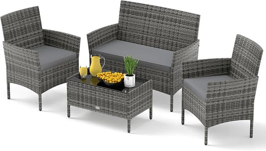 Tangkula 4 Piece Patio Rattan Conversation Set, Outdoor Wicker Furniture Set with Chair, Loveseat & Tempered Glass Table, Cozy Seat Cushions, Outside Sectional Sofa Set for Backyard, Porch