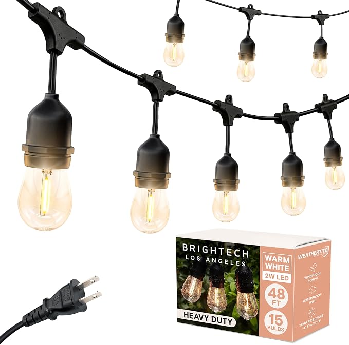 Brightech Ambience Pro LED String Lights, Commercial Grade 48 ft | Dimmable Outdoor String Lights, Waterproof Patio Lights, 15 Shatterproof LED Edison Bulbs for Backyard, 2W Warm White