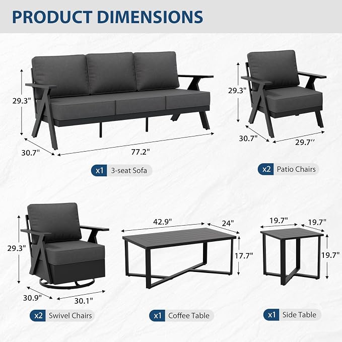 COOS BAY Iron Luxe 7 Piece Outdoor Patio Furniture Set, Modern Patio Conversation Set with Patio Chairs, Swivel Chairs, a 3 Seat Couch, Coffee Table & Side Table for Deck, Garden, Porch, Black/Gray