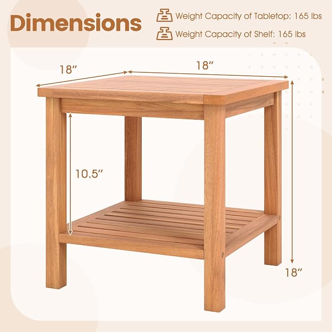 Tangkula Outdoor Side Table, 2-Tier Acacia Wood Square End Table with Slatted Tabletop & Storage Shelf, Indoor Outdoor Wooden Accent Bistro Patio Table for Backyard, Poolside, Garden, Natural (2)