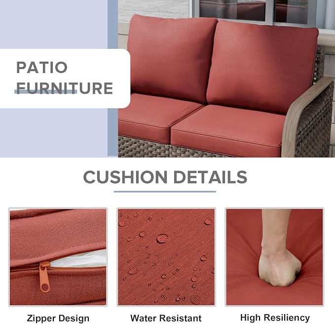COOS BAY Modern Wicker Outdoor Furniture Set, 5 Piece Patio Conversation Set with 2 Patio Chairs, a Loveseat, Coffee Table and Side Table, 5 Piece, Brown/Red