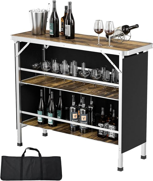 VINGLI 43" Portable Bar Table, 3-Tier Shelves, Carry Bag，Mobile Bar Table for Events, Party, Camping, Picnic, Tradeshow, Outdoor & Indoor with Black Skirt(2, 43") (2) (Natural, 43")