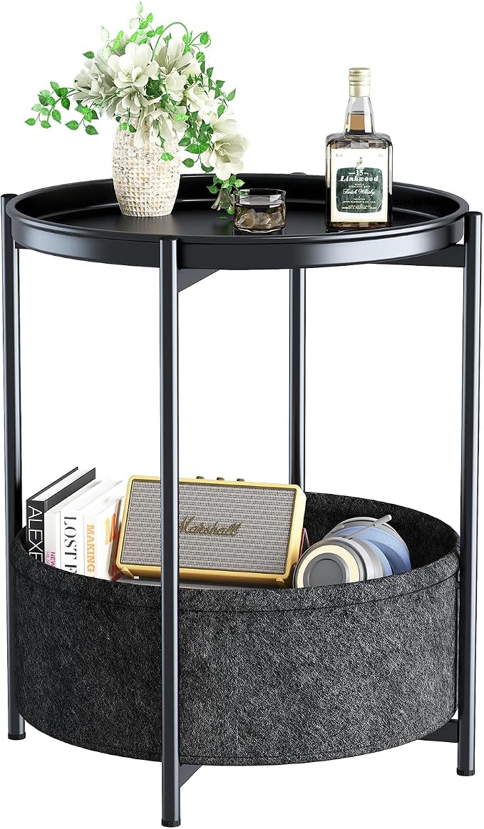 Garden 4 you Side Table with Fabric Storage Basket, Round Metal End Table, Small Bedside Table Nightstand with Removable Tray, for Nursery, Living Room, Bedroom, Bathroom, Black