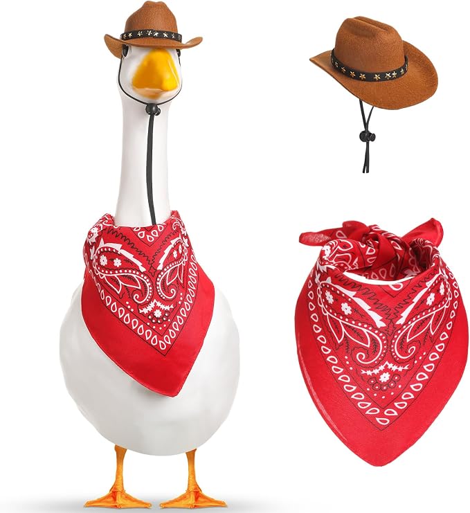 Shyyween Western Cowboy Porch Goose Outfits for 23"/ 17'' Lawn Cement Goose Statue Clothes Cowboy Hat with Bandana Scarf(Brown,Red)