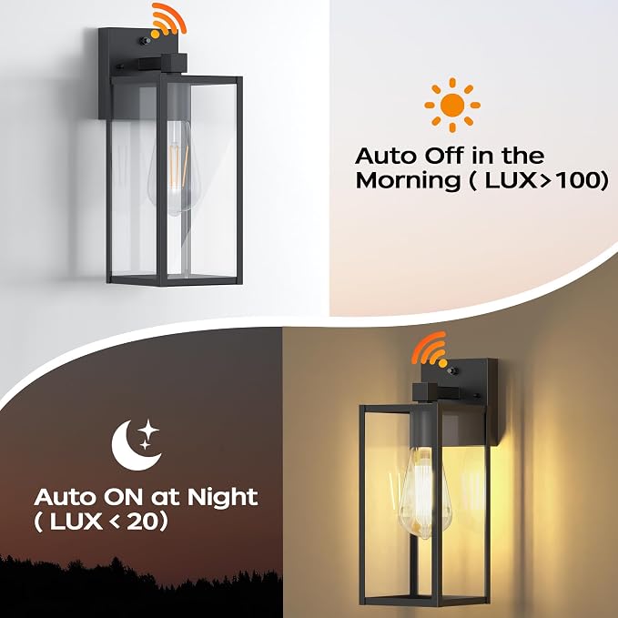 13" Dusk to Dawn Exterior Lighting Fixture, Outdoor Porch Light Wall Sconce | Anti-Rust Metal Frame, Tempered Glass, E26 Base, Waterproof, Sensor Wall Lantern for Patio, Garage, Entryway