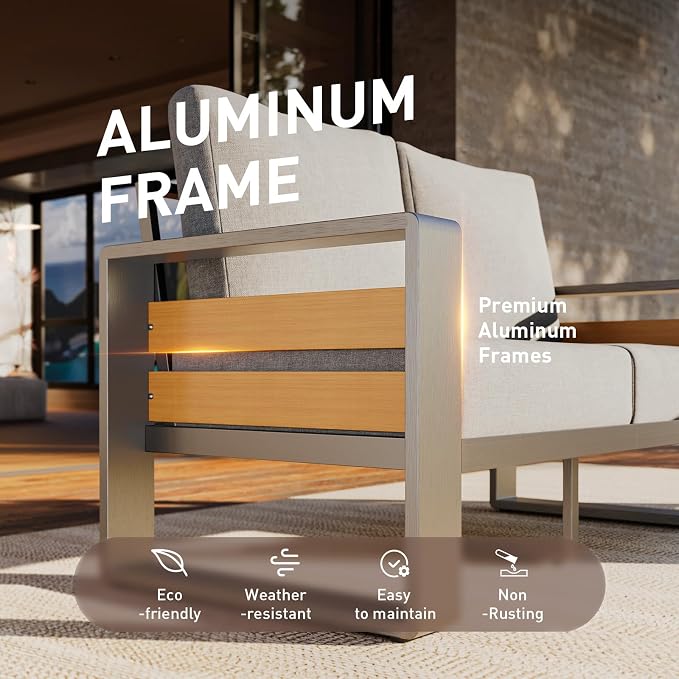 Aoxun Aluminum Outdoor Patio Furniture Set, 2 Seats Metal Sectional Patio Furniture, Modern Outside Sectional Set for Backyard, Love Seat Sofa ×1, Dark Grey & Light Grey