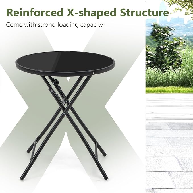 HOMGX 23 Inch Round Folding Bistro Table, Outdoor Patio Side Table with Tempered Glass Tabletop & Heavy-Duty Metal Frame, Portable Foldable Cocktail Table for Balcony, Porch, Deck, Backyard, Poolside