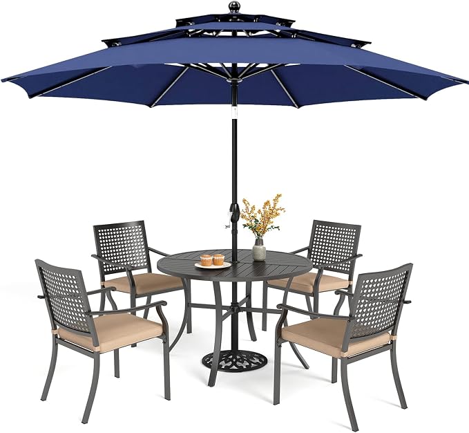 PHI VILLA 5pc Outdoor Table Set w/Umbrella, Round Metal Table & Chairs | 42" wrought iron table & stackable chairs w/ cushions. 10ft blue umbrella. Patio furniture set for deck, porch, backyard.