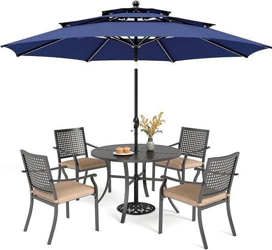 PHI VILLA 5pc Outdoor Table Set w/Umbrella, Round Metal Table & Chairs | 42" wrought iron table & stackable chairs w/ cushions. 10ft blue umbrella. Patio furniture set for deck, porch, backyard.