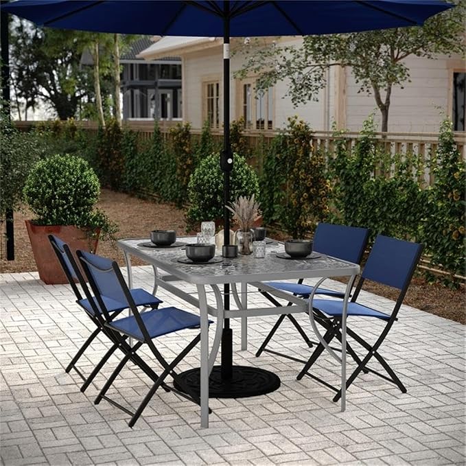 Afuera Living 35x59 Rectangular Glass & Steel Patio Table, Clear Top with Silver Powder Coated Frame, 6-Person All Weather Dining Table with Umbrella Hole for Deck, Patio, or Poolside Use