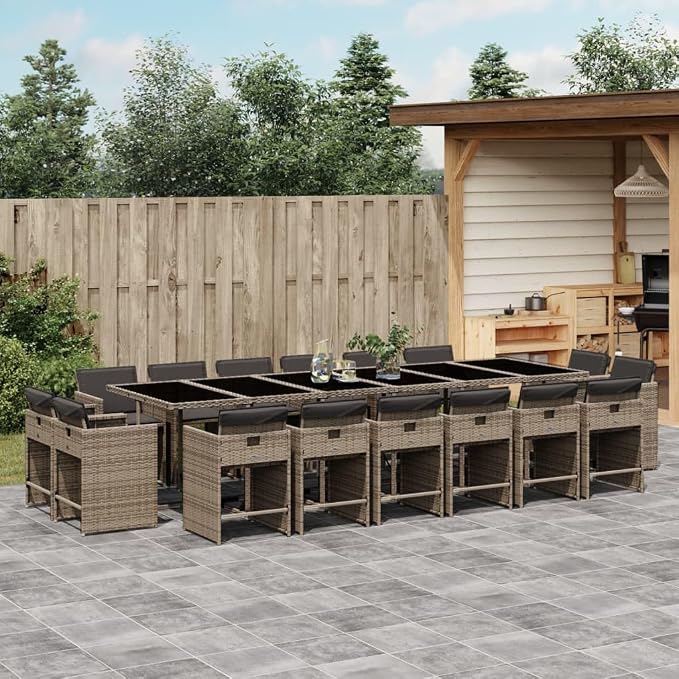 17 Piece Patio Dining Set with Cushions Gray Poly Rattan Outdoor Furniture Table and 16 Chairs for Garden Backyard Dining, Folding Seat Space-Saving Tempered Glass Table UV-Proof