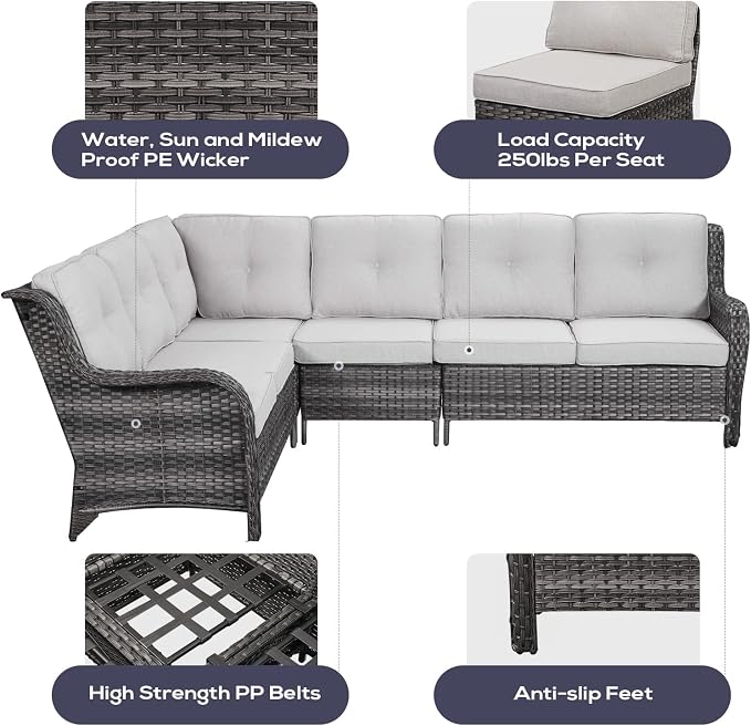 Belord Patio Furniture Set 6 Seats, Oversized Outdoor Sectional Couch, Two 3-Seater Sofas with Coffee Table, Patio Conversation Sets,Ideal for Porch, Deck, Mixed Grey Wicker/Beige Cushion