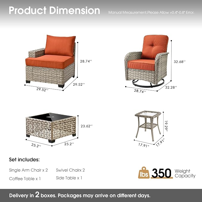Wicker Patio Furniture Set with Swivel Chairs,6 Pieces Outdoor Sectional with Glowing Coffee Table,Out Door Furniture Conversation Set,Orange Red