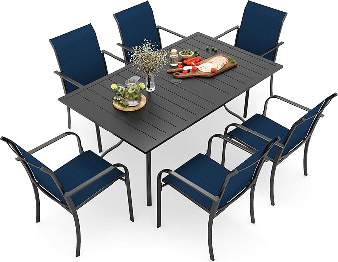 Outdoor Patio 63" Rectangle Dining Table and Blue Stackable Chairs Set of 7 | Stackable Chairs, Metal Rectangle Table, Slat Table Top, 6 Person Use, All Weather, Textilene fabric Seat and Back