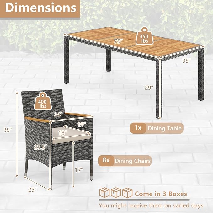 COSTWAY 9-Piece Patio Dining Set for 8, Outdoor Rattan Wicker Table and Chairs Furniture Set with Umbrella Hole, Acacia Wood Tabletop for Backyard, Balcony, Poolside, Grey & White