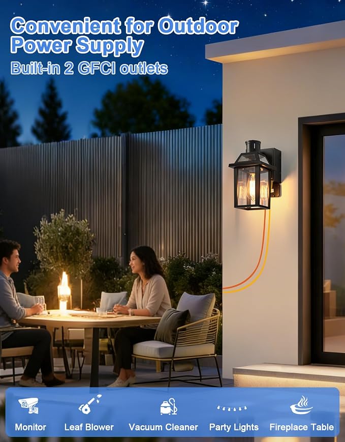 Porch Light with GFCI Outlet and Remote, Motion Sensor, Black, 2 Pack | Dusk to Dawn Motion Sensor Outdoor Light 4 Lighting Modes Exterior Fixture Outside Lights for Porch Garage House