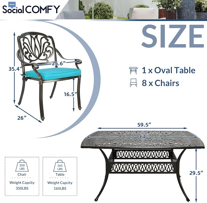 9-Piece Patio Cast Aluminum Dining Set, Outdoor Dining Furniture Set for 8 Person, Includes 64" Square Table and 8 Cushioned Chairs with Umbrella Hole for Patio Deck Garden, Ocean Blue