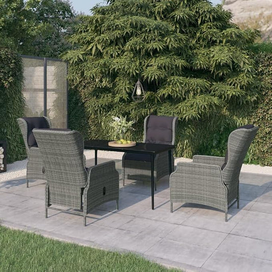 5 Piece Patio Dining Set Light Gray with Reclining Chairs, Outdoor Rattan Furniture for Garden Backyard, Tempered Glass Table and Adjustable PE Wicker Seat Cushions, 4 Person Patio Conversation Set
