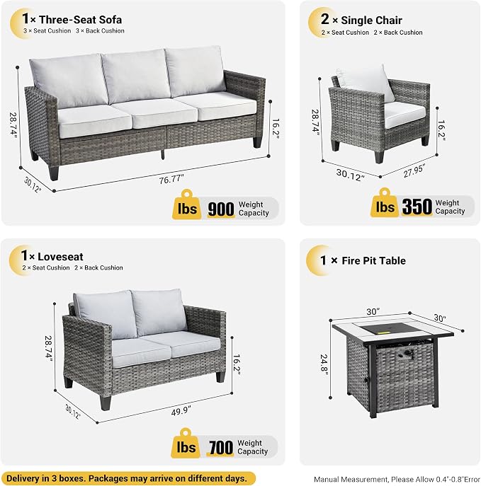 ovios 5 Pieces Patio Furniture Set, Outdoor Wicker Rattan Sofa Couch with 30" Fire Pit Table, Loveseat Chairs, Conversation Sets for Yard Porch Garden, Grey