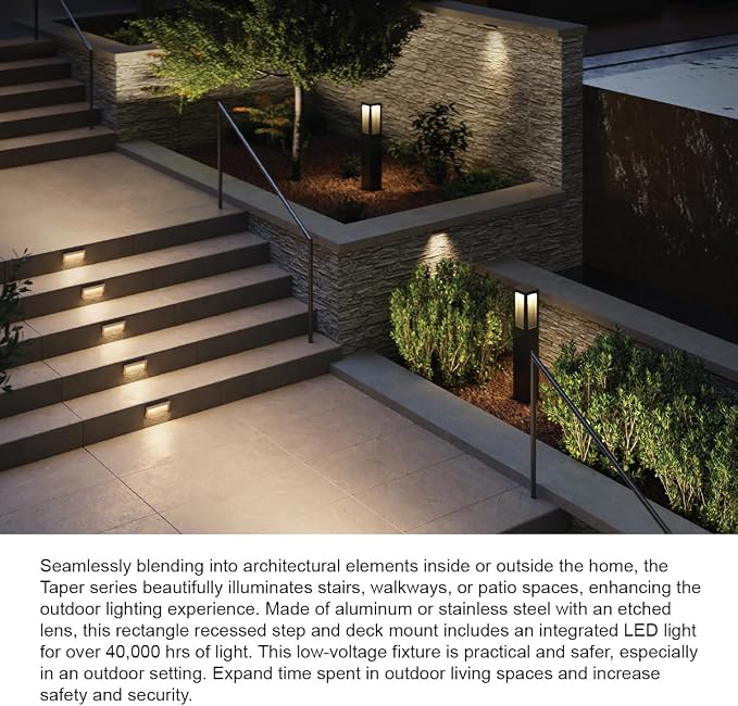 Hinkley Taper 12V Integrated LED Horiz. Step Light, Matte Black Stainless | Recess Mount, Deck Light, Low Voltage, Landscape, Etched Glass, ADA, Outdoor, Aluminum, Wiring Kit Included, Easy Install