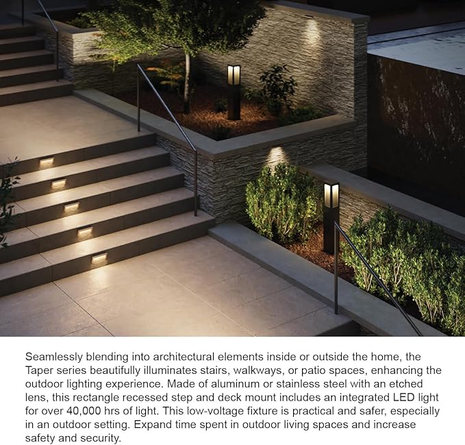 Hinkley Taper 12V Integrated LED Horizontal Step Light, Satin Black Finish | Recess Mount, Deck Light, Low Voltage, Landscape, Etched Glass, ADA, Outdoor, Aluminum, Wiring Kit Included, Easy Install