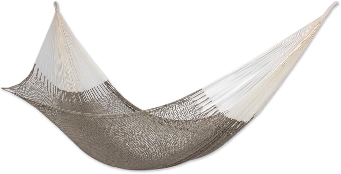 NOVICA Natural Grey Hand Woven Cotton 2 Person XL Mayan Rope Hammock with Hanging Accessories, 'Maya Mist' (Double)