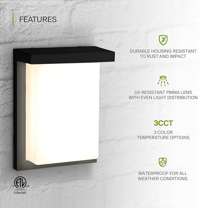 ASD LED 8" Outdoor Wall Light, Front Door House Sconce | 3CCT, Dimmable, Waterproof, ETL Listed | 12W 900LM 3000-5000K 120V | Exterior Patio Lighting Fixture, Flush Mount Porch Lamp | Black