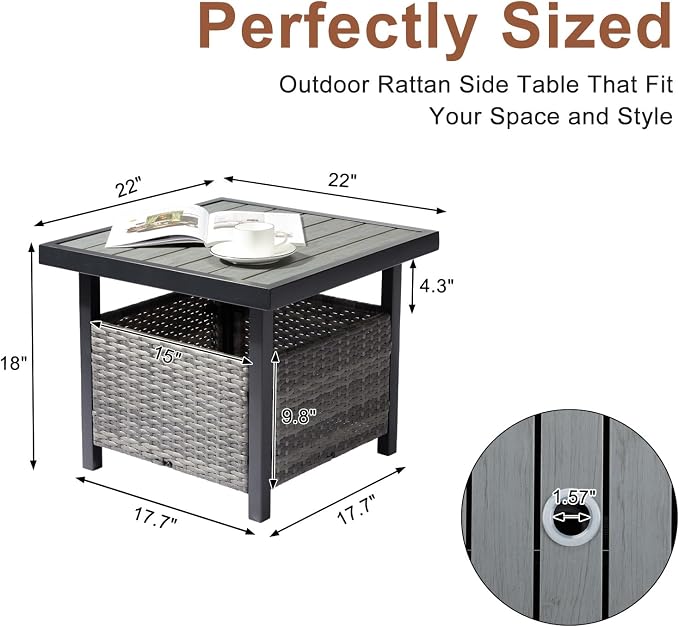 Outdoor Patio Umbrella Stand Table, All Weather Small Wicker Side Table with Umbrella Hole, 22 in Rattan Base Table (Grey)