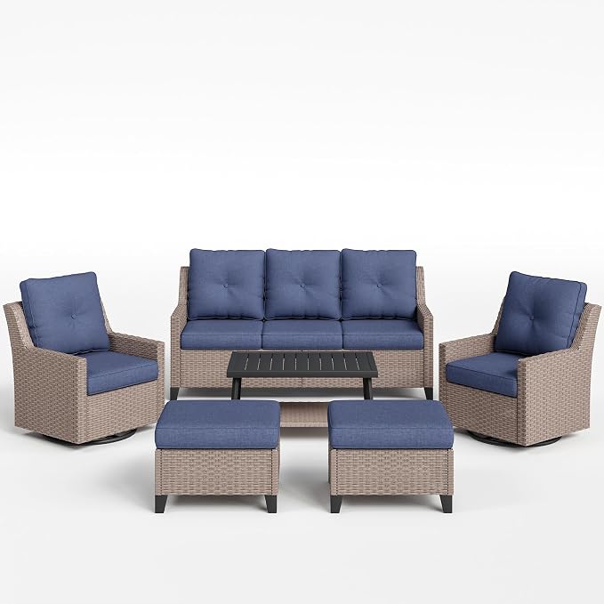 NestNook 6 Piece Patio Furniture Set, Outdoor Furniture Wicker Swivel Chairs Set of 2 with 3-Seater Sofa, 2 Ottomans and Coffee Table Patio Conversation Set for Backyard Balcony & Poolside（Blue）