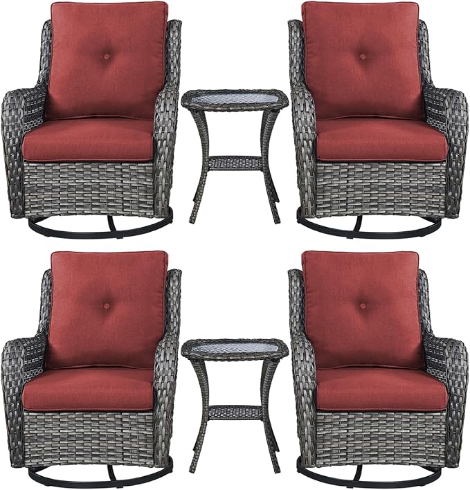 Rilyson Wicker Rocking Chair Swivel Chairs – 6 Piece Rocker Patio Furniture Set Rattan Rocking Bistro Sets with Glass Top Side Table for Outdoor Porch Deck Garden Backyard(Mixed Grey/Red)