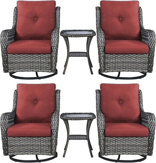 Rilyson Wicker Rocking Chair Swivel Chairs – 6 Piece Rocker Patio Furniture Set Rattan Rocking Bistro Sets with Glass Top Side Table for Outdoor Porch Deck Garden Backyard(Mixed Grey/Red)