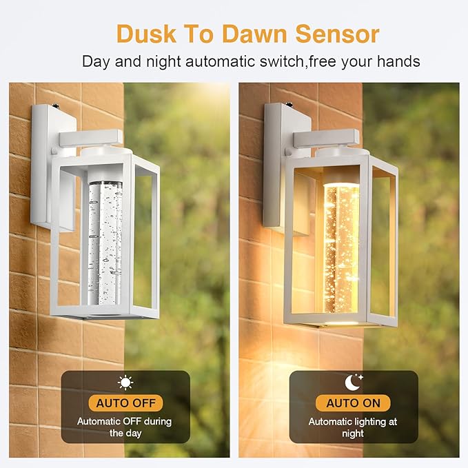 VIANIS 2 Pack Dusk to Dawn Outdoor Sconce Lights, White Built-in 10W LED Exterior Lighting Fixtures Wall Mount for House, Anti-Rust Modern Porch Lights Outdoor for Garage with Crystal Bubble Glass