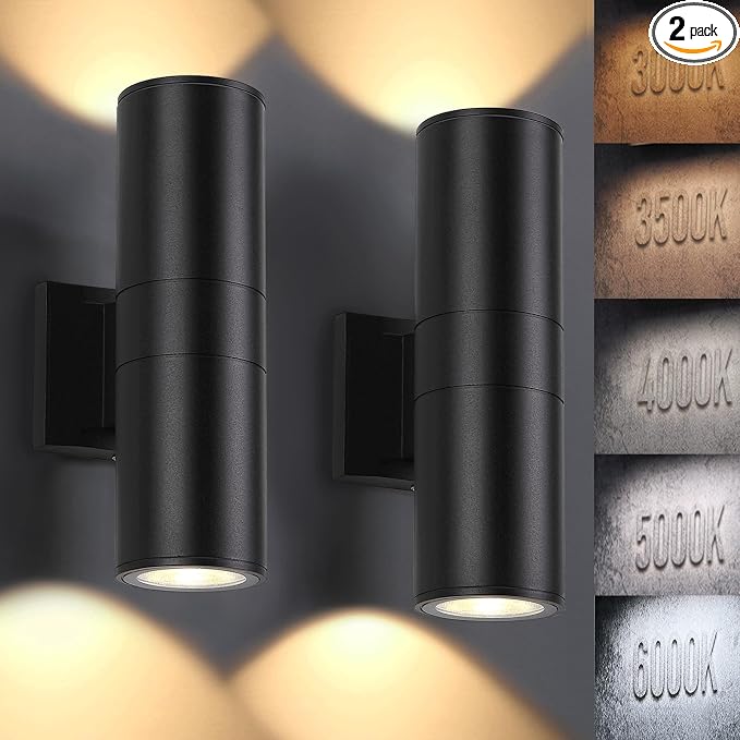 DAKAFUL 5CCT Dimmable Wall Lights Outdoor 2 Packs, 3000K 5000K 6000K Integrated LED Cylinder Up Down Modern Aluminum Light, Waterproof Exterior Light for Porch Patio Door
