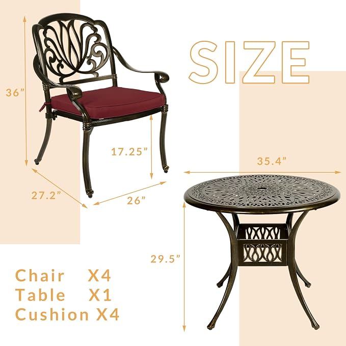 5-Piece Outdoor Patio Dining Set, All-Weather Cast Aluminum Patio Furniture Set for Backyard Garden Deck with 4 Chairs, 4 Cushions and 35.4" Round Table, 2" Umbrella Hole, Red