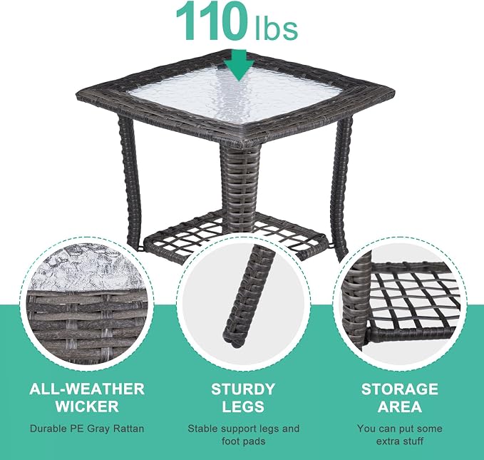 Outdoor Side Table with Storage Wicker Patio Side Table, Tempered Glass Top End Table for Balcony Porch Deck (Grey)