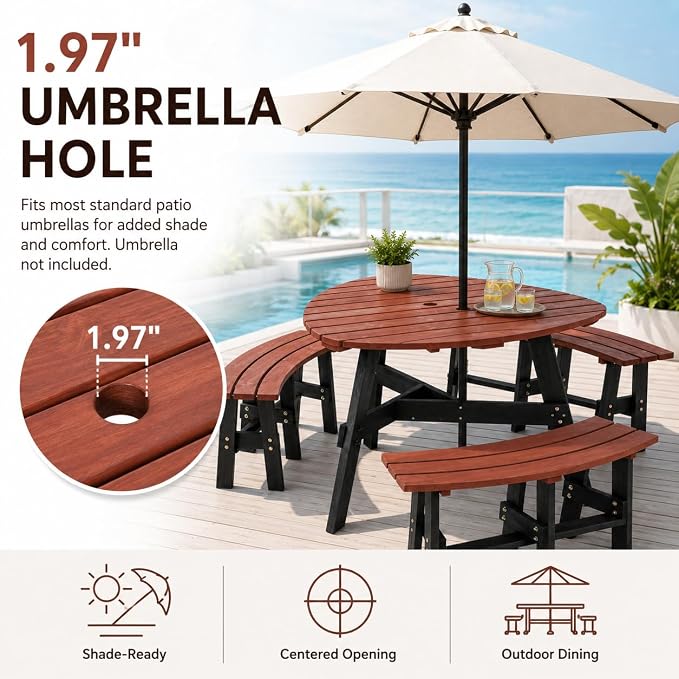 6-Person Round-Style Outdoor Picnic Table with Umbrella Hole, Curved-Edge Patio Dining Table with 3 Attached Benches, Backyard Picnic Table Set for Garden, Deck, Lawn & Camping, Brown & Black