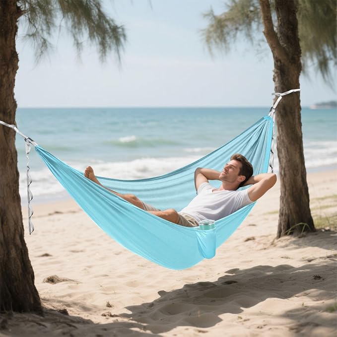 Sky Blue Solid Color Camping Hammock, Portable Lightweight Single Hammock with Tree Straps and Aluminum Carabiners, 114" x 54" Travel Hammock for Hiking Backpacking Beach