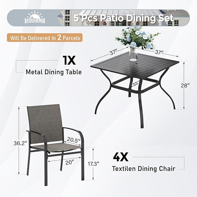 SUNSHINE VALLEY 5 Piece Patio Dining Set for 4, 37”x37” Square Table with Umbrella Hole, 4 Metal Brown Chairs, Outdoor Table and Chairs Set for Lawn Backyard and Deck