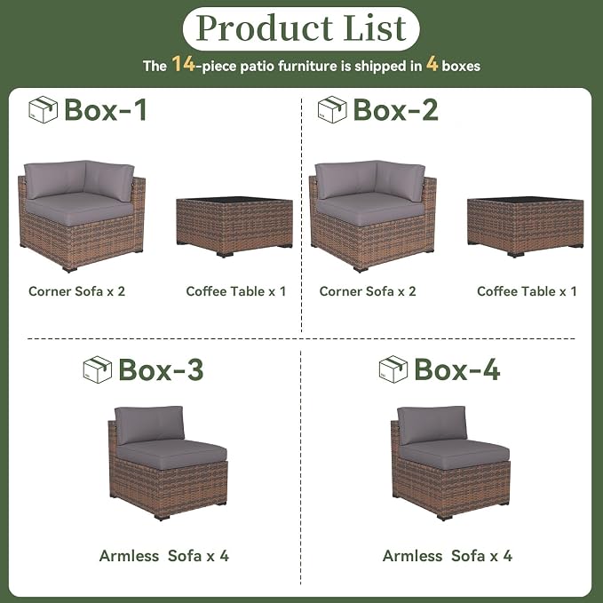 Aoxun 14 Piece Patio Furniture Set Wicker Rattan Patio Conversation Set Outdoor Sectional Sofa Set with Coffee Table and Thickened Cushions, Gray