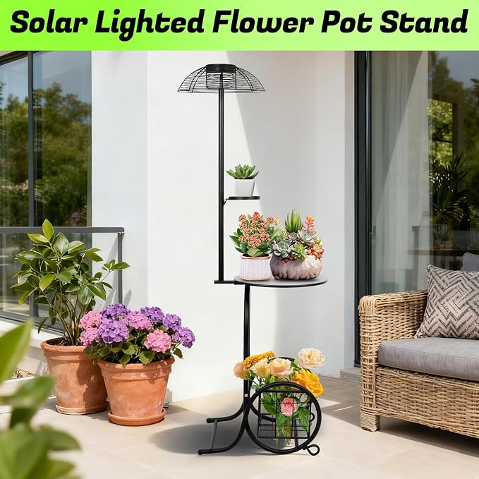 Solar Outdoor Coffee Table with Light, 52.5'' Black Metal Patio Coffee Table, Waterproof IP65 Solar Side Table with Auto Lighting & USB Charging, Outdoor Plant Stand for Patio Porch Backyard Poolside