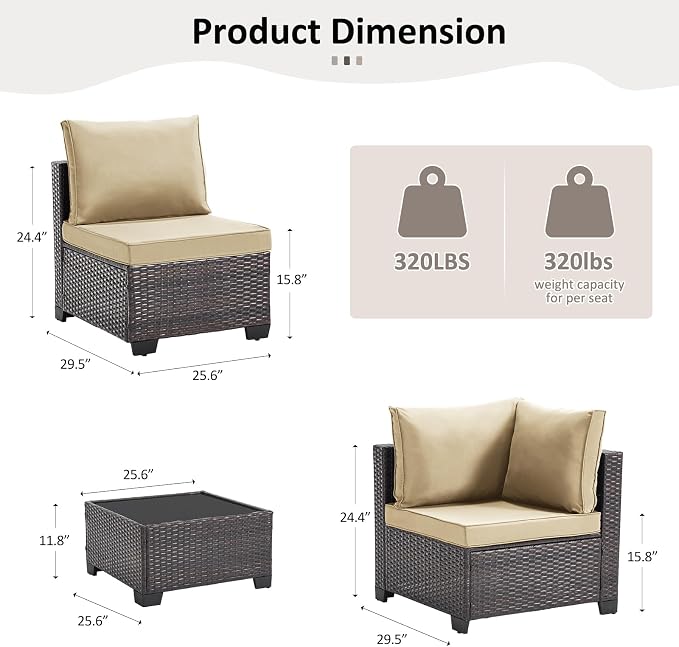ANJ Outdoor Wicker Patio Chairs Set of 2, Modular Armless Patio Seating with Thick Cushions, All-Weather Rattan Conversation Chair Set for Porch, Balcony, Garden, Backyard, Dark Brown Wicker-Camel