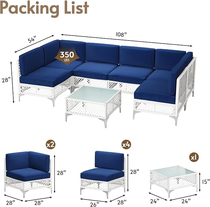 7-Pcs Outdoor Sofa with Thick Cushion, Lightweight Patio Sectional with Effortless Assembly, Space-Saving Outdoor Furniture Set & Easy-Clean Open Weave Wicker for Backyard, Garden (Navy Blue)