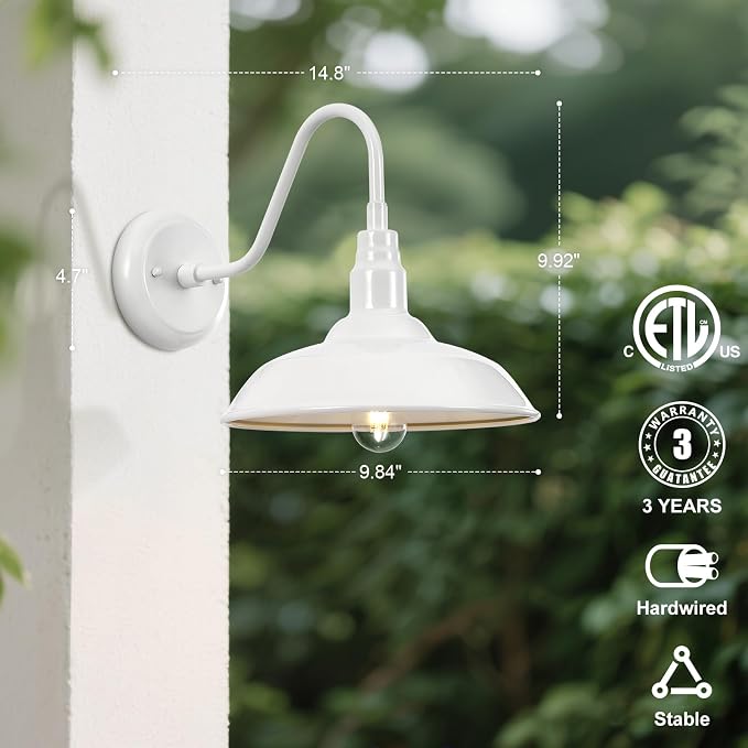 Outdoor Gooseneck Barn Light Fixture with Wall Mount, 10'' Diameter White Exterior Waterproof Wall Lantern for Porch, Farmhouse Wall Sconce, 2 Pack, LM2201-WH-2P