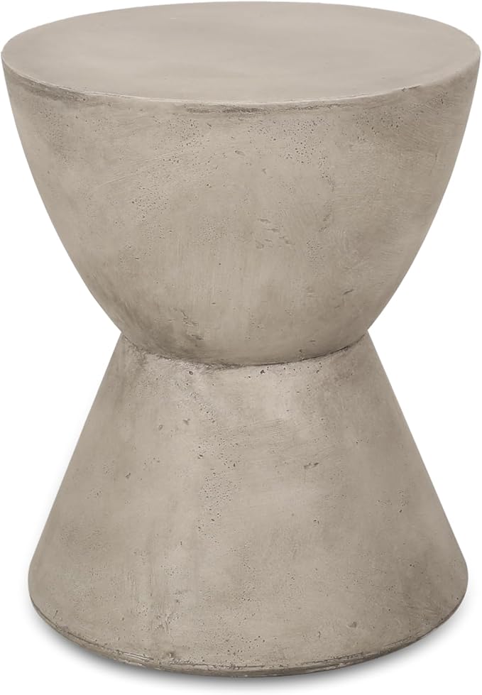 Outdoor Side Table Hourglass Concrete Side Tables Travertine End Table Faux Stone Small Coffee Tables for Patio, Garden Stool Plant Stand for Porch, Backyard, Waist Drum-Cement 15.25"*18"Liget Grey