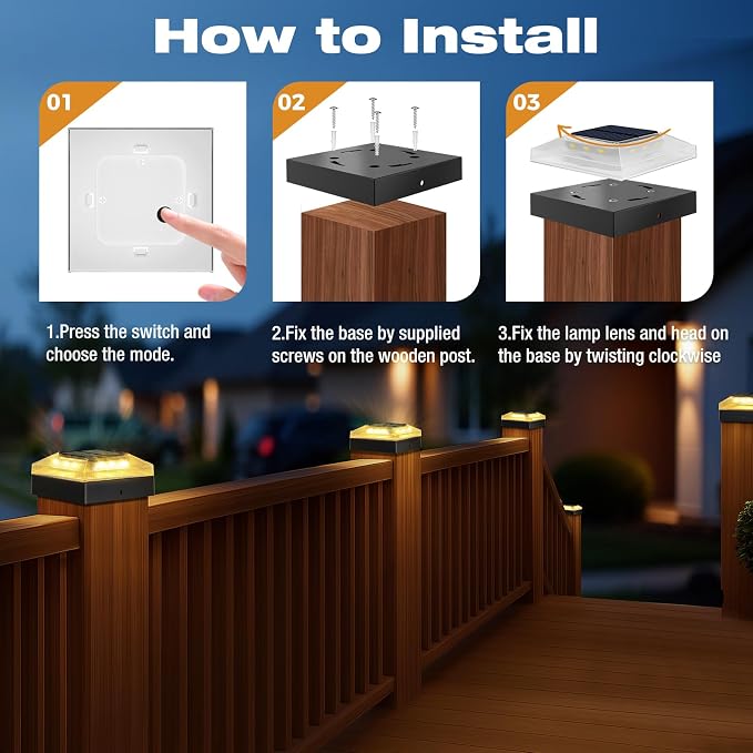 4x4 Solar Post Cap Lights Outdoor 8 Pack, 3 Color Modes/Dusk to Dawn/IP65 Waterproof, Fits 4x4 Vinyl/PVC Wood Posts Top, Black LED Fence Topper Light for Deck, Backyard