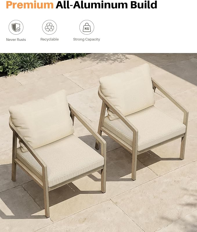Patio Sofa Chairs Set of 2, Never-Rust Aluminum Outdoor Armchair with Thick Cushions, All Weather 2 Pieces Outdoor Club Chairs, Outdoor Sofa Chairs for Deck, Backyard, Porch, Gray Oak