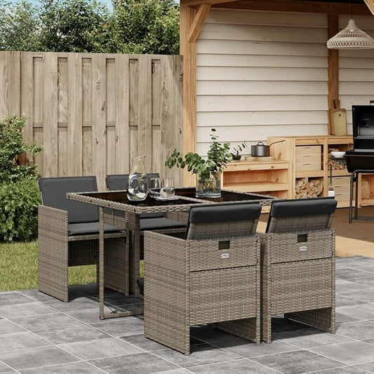 5 Piece Patio Dining Set with Cushions Gray Poly Rattan Outdoor Table and 4 Folding Chairs Tempered Glass Top Weather Resistant for Garden Backyard Deck Entertaining