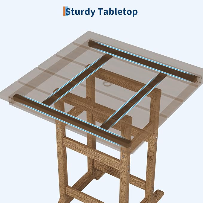 Takywep 31.5" Square HDPE Wood Grain Outdoor Bar Table, 39.6" High Weatherproof Pub Table for Patio and Poolside, Tall Bistro Table with 300 Lb Weight Capacity and Umbrella Hole, Brown