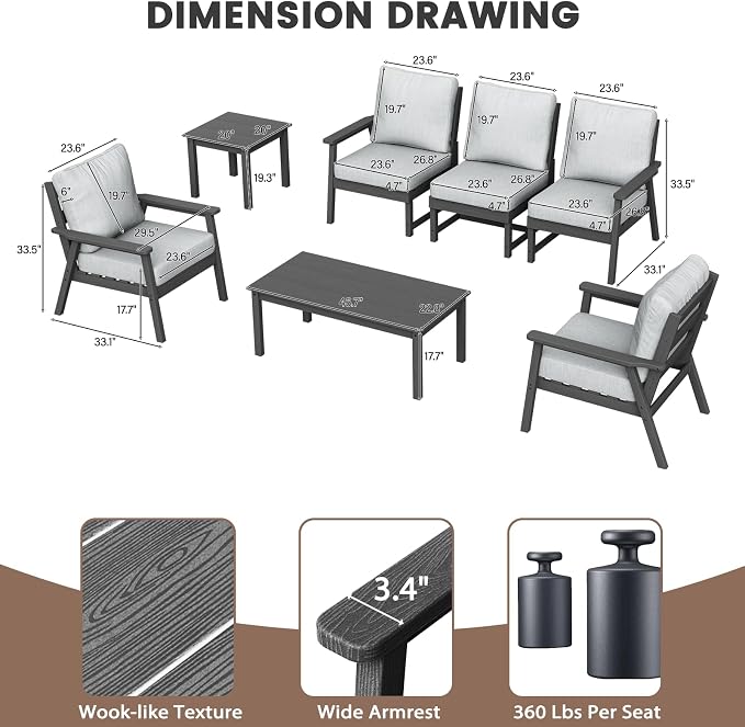 LOUNZY HDPE Outdoor Furinture Set, 7 Piece Sectional Sofa Patio Furniture Set, All Weather Outdoor Couch Set Patio Furniture Set for Deck, Lawn, Grey